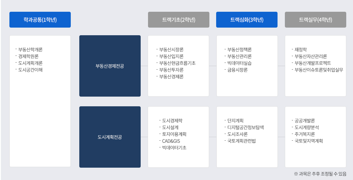 학과공통 - 부동산학개론, 부동산경제원론, 부동산투자금융이해, 부동산현금프름기초. 트랙기초(2학년) - 개발·관리 TRACK : 도시공간이론, 부동산시장론, 부동산정책론, 부동산공법, 부동산물권법. 투자·금융 TRACK : 부동산 투자론, 부동산금융론, 빅데이터분석의이해, 부동산회계및조세, 부동산금융법. 트랙심화(3학년) - 개발·관리 TRACK : 부동산경영론, 부동산마케팅론, 부동산관리론, 부동산개발론, 지속가능도시화 재생. 투자·금융 TRACK : 부동산개발금융, 주택금융론, 자산관리론, 부동산신탁, 부동산파생상품, 리스크관리론. 트랙실무(4학년) - 개발·관리 TRACK : 도시 및 지역계획 프로젝트, 부동산리서치, 부동산이슈토론 투자·금융 TRACK : 부동산CEO인터뷰, 부동산공모프로젝트, 부동산이슈토론