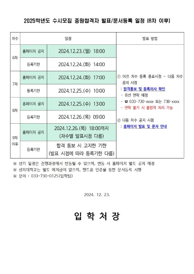 2025학년도 수시모집 충원합격자 발표 및 문서등록 일정 재안내(6차 이후 일정 변경 반영) 1