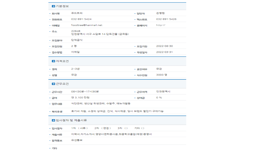 푸드트리 [식단관리, 생산실 위생관리, 수발주, 메뉴개발등 ] 채용공고 2